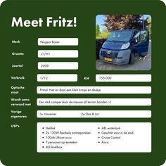 a small blue van parked in front of a green sign that says meet frizz