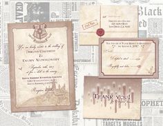 the wedding stationery is displayed on top of newspaper paper and in front of an old - fashioned photo