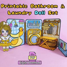 the printable bathroom and laundry doll set is shown in three different colors, including yellow