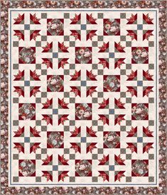 a red and white quilt with an intricate design on the front, in shades of grey