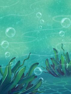 an underwater scene with seaweed and bubbles