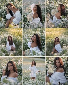 a collage of different photos of a woman in a field with wildflowers