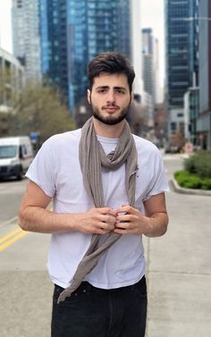 Man standing in downtown street  wearing large Handkerchief scarf | Cotton Voile Ruff Collar, Handkerchief Men, Cozy Coats, Scarf Handmade, Scarf Men, Support Handmade, Cotton Voile, Dog Coats, Men Boys