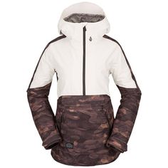 the women's snowboard jacket is white and brown with camouflage print on it