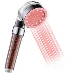 a shower head with red leds and water spouting from it's side