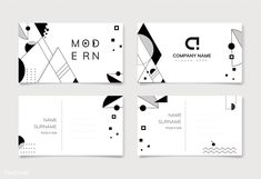 four business cards with black and white geometric shapes on the front, back and sides