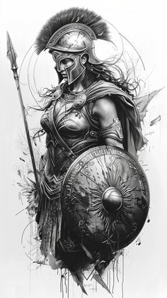 black ink drawing for conceptual tattoo of full body of dea athena with lance and shield, Female Spartan Tattoo, Athena Tattoo Design Greek Mythology, Athena Drawing, Conceptual Tattoo, Tattoo Fixes, Athena Tattoo, Butterfly Tattoos Images, Greek Mythology Statue, Greek God Tattoo