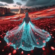 a woman is standing in the middle of a field full of flowers with lights on it