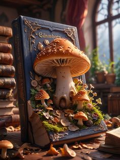 a miniature book with mushrooms and leaves on the cover is sitting in front of a pile of books