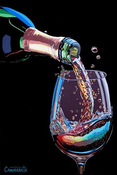 a painting of a wine glass being filled with red, white and blue liquid from a bottle