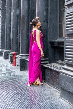 Look bold and elegant in this fusion of Saree Pants adorned with handworked zardozi, resham, dabka, sequins and mukesh to create a perfect symphony! Bright Magenta colored pure chiffon Saree, with a rawsilk blouse and cigarette pants. Pants Saree, Saree Pants, Magenta Pants, Pant Saree, Pure Chiffon Sarees, Astoria Ny, Pure Chiffon, Chiffon Saree, Raw Silk