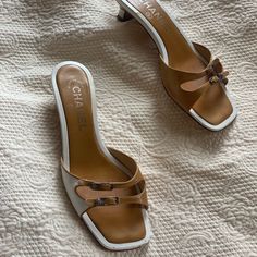 Cute Vintage Chanel Slides, Signature Camelia Details On Heels And Buckles. Ca. 2000s Almost Like New. Excellent Vintage Condition Comfortable Low Heel True To Size 5 Or A Narrow 5.5 Marked European 35 1/2 Made In Italy Chanel Slides, Mule Sandals, Chanel Shoes, Vintage Chanel, Low Heels, Women's Shoes Sandals, Shoes Sandals, Chanel, Sandals