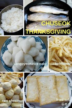 there are many different types of foods in the pictures, including fish and rices