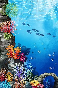 an underwater scene with corals and fish in the water, surrounded by blue water