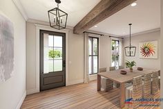 an empty dining room with wood floors and doors leading to the patio area is pictured in this rendering