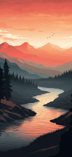 a painting of a sunset over a river with mountains in the background and trees on both sides