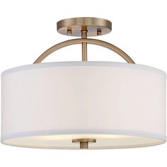 a semi - flush ceiling light with a white shade on the bottom and gold trim