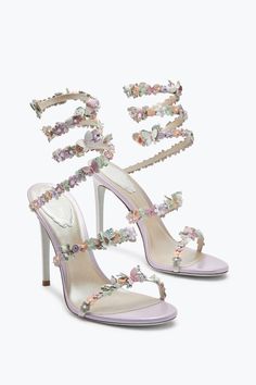 Jeweled BOUQUET | Rene Caovilla® Bouquet Stand, Princess Heels, Shoes Flowers, Daytime Outfits, Jeweled Bouquet, Butterfly Sandals, Elegant Pumps, Satin Sandals, Snake Head