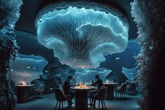 two people sitting at a table in front of an underwater jellyfish tank with candles on it