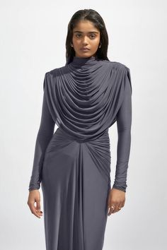 Purple malai lycra and net dress with cowl neck and draped detailing. - Aza Fashions Cowl Drape Dress Indian, Cowl Kaftan Gown, Purple Draped Evening Dress, Luxury Long Purple Kaftan, Luxury Pre-draped Cowl Neck Maxi Dress, Purple Maxi, Grey Maxi, Purple Maxi Dress, Luxurious Dresses