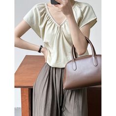 Summer Pleated V-Neck Flying Sleeve Apricot T-Shirt Fabric: Cotton Size: M, L Multiple Color Selections: Apricot  Season: Spring, Fall, Summer Dance Pants Hip Hop, Dance Pants, Tactical Pants, Skirt Belt, Solid Color Shirt, Outdoor Jacket, Shirt Fabric, Pullover Shirt, Cardigan Tops