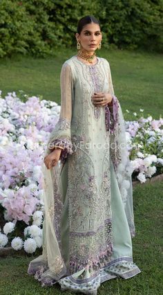 Sharara Dress Pakistani in Soft Pistachio Shade Designer White Dress Pakistani, Sharara Dress, Dress Pakistani, Side Border, Chiffon Collection, Embroidered Chiffon, Embroidered Dupatta, Organza Dress, Screen Printing Shirts