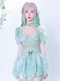 Goth Crop Top, Skirt Outfits Aesthetic, Mint Green Prom Dress, Puff Sleeves Top, Punk Style Outfits, Short Graduation Dresses, Harajuku Punk, Irregular Skirt, Mini Prom Dresses