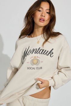 UltraFleece Crewneck Sweater, Perfect Pearl with "Montauk" Art Cute Crewneck Sweatshirt, Cute Crewneck, Trendy Sweaters, Fleece Sweatpants, The Grove, Cozy Fits, Models Off Duty, Brown Sweater, Sweater Design