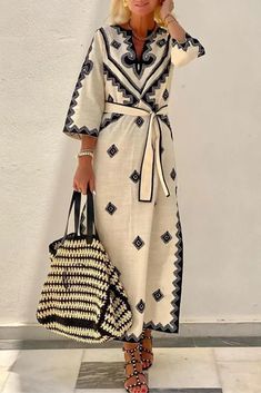 Bohemian Elegant Geometric Print With Belt V Neck A Line Dresses Side Split, Dresses By Length, Printed Maxi, Printed Maxi Dress, Long Maxi Dress, Geometric Print, Women's Fashion Dresses, Neck Tie, A Line Dress