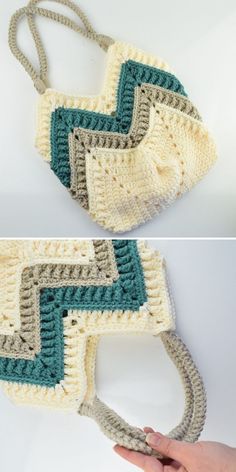 crocheted purse made with two different colors, one green and the other beige