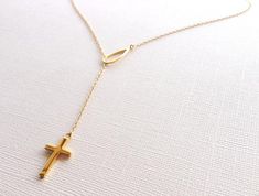 Lariat Cross Necklace in Sterling Silver (18K Yellow Gold Plating), Cross Jewelry Classic Gold Lariat Necklace Perfect For Gifts, Lariat Necklace With Polished Finish As Gift, Polished Lariat Necklace For Gift, Polished Finish Lariat Necklace For Gift, Sterling Silver Teardrop Lariat Necklace As Gift, Elegant Cross Pendant Lariat Necklace With Adjustable Chain, Elegant Cross Lariat Necklace With Adjustable Chain, Yellow Gold Teardrop Lariat Necklace Gift, Classic Gift Lariat Necklace With Delicate Chain