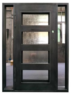 an open door with glass panels on the front and side doors, in black color