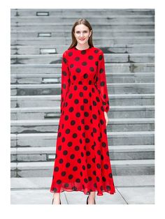 Chiffon Polka Dot Maxi Dress Polka Dot Long Sleeve Chiffon Dress, Polka Dot Chiffon Long Sleeve Dress, Long Sleeve Chiffon Dress With Polka Dots, Polka Dot Maxi Dress, Polka Dot Maxi Dresses, Elastic Waist Dress, Waist Dress, Polka Dot, Colorful Dresses