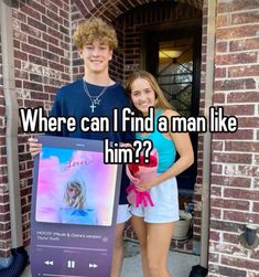 two people standing next to each other with the caption where can i find a man like him?