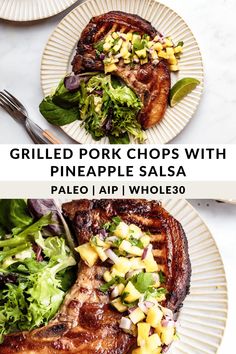 grilled pork chops with pineapple salsa and salad on two plates next to each other