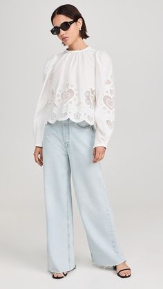 Sea Jeanetta Eyelet Long Sleeve Top | Shopbop Chic Cotton Blouse With Cutwork Hem, Long Sleeve Blouse For Daywear With Cutwork Hem, Long Sleeve Broderie Anglaise Blouse In Relaxed Fit, Long Sleeve Blouse With Broderie Anglaise In Relaxed Fit, Long Sleeve Broderie Anglaise Blouse With Relaxed Fit, Chic Long Sleeve Tops With Cutwork Hem, White Relaxed Fit Eyelet Top, White Long Sleeve Tops With Cutwork Hem, Spring Cotton Blouse With Broderie Anglaise