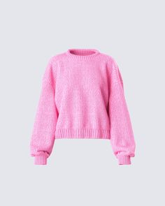 Pink Ribbed Collar Winter Sweater, Pink Knit Sweater With Ribbed Collar, Pink Cropped Sweater With Ribbed Cuffs For Spring, Cozy Cropped Sweater With Ribbed Crew Neck, Cozy Cropped Sweater With Ribbed Collar, Cozy Cropped Sweater With Crew Neck And Ribbed Cuffs, Pink Oversized Cropped Sweater For Winter, Oversized Pink Cropped Sweater For Winter, Trendy Pink Cropped Sweater With Ribbed Cuffs