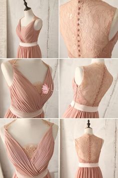 vintage v neck illuson lace back bridesmaid dress 4 Stylish Sleeves, Vintage Bridesmaid Dresses, Dusty Peach, Saree Blouse Neck Designs, Draping Fashion, Dress Neck Designs, Saree Blouse Designs Latest, Dress Pleated, Stylish Blouse Design