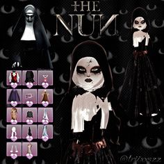 the nun costume is shown in several different styles and colors, including black and white