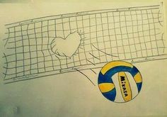 a drawing of a volleyball ball and net with an i love you sticker on it