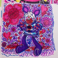 a drawing of mickey mouse with flowers and hearts