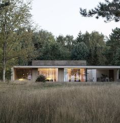 the house is surrounded by tall grass and trees