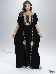 Eromis - Womens Plus Size Modest Kaftan Dress with Colorblock Floral Embroidery, Bat Sleeve and Round Neck - Elegant Maxi Dress Black Beach Dress For Eid, Black Embroidered Short Sleeve Maxi Dress, Embroidered Black Maxi Dress With Short Sleeves, Black Short Sleeve Embroidered Maxi Dress, Traditional Black Embroidered Dress For Beach, Traditional Black Embroidered Beach Dress, Plus Size Modest, Elegant Maxi Dress, Bat Sleeve