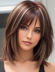 Trendy And Cute Hair Styles Rambut Brunette, Medium Hair Styles For Women, Bangs With Medium Hair, Fun Hair, Shoulder Length Hair Cuts, Hair Color Highlights