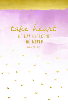 a pink and gold background with the words take heart he has overcome the world