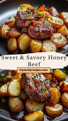 sweet and savory honey beef with potatoes in a skillet on the side