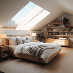 a bed sitting under a skylight in a bedroom