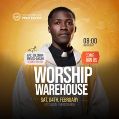 a flyer for worship warehouse with a man in priest's robes