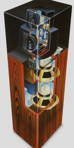 a painting of speakers and other electronic equipment in a wooden box on a gray background