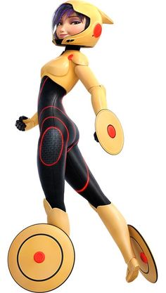 a cartoon character is standing on one foot and wearing black and yellow catsuits